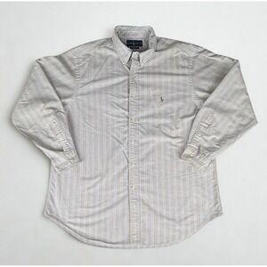 Ralph Lauren Dress Shirt 17.5 34/35 Blue Tan Striped Classic Fit Long Sleeve